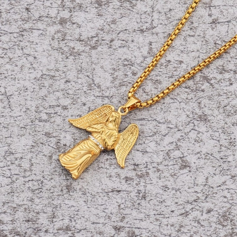 Exquisite Titanium Steel Praying Angel Pendant Necklace For Men Women Gold Plated Rhinestone Inlaid Religious Fashion Long Chain Jewelry