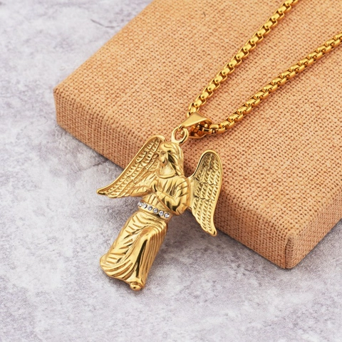 Exquisite Titanium Steel Praying Angel Pendant Necklace For Men Women Gold Plated Rhinestone Inlaid Religious Fashion Long Chain Jewelry