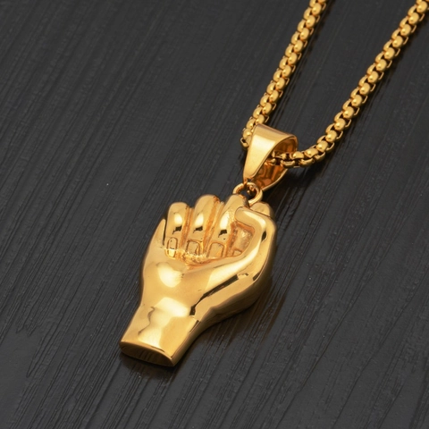 Punk Stainless Steel Gold Plated Fist Pendant Necklace For Men Women Hip Hop Long Box Chain Hand Gesture Charm Fashion Jewelry