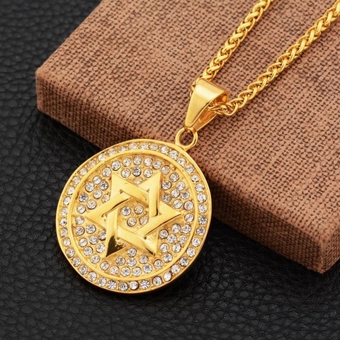 Roestvrijstalen Hexagram Hanger Ketting Voor Heren Dames Goud Verguld Davidster Ronde Schijf Strass Tarweketting