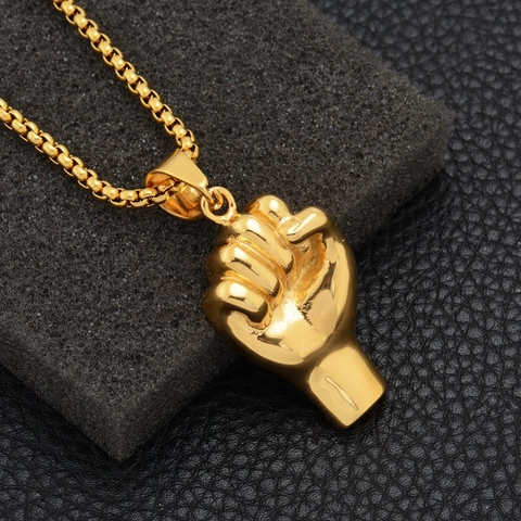Punk Stainless Steel Gold Plated Fist Pendant Necklace For Men Women Hip Hop Long Box Chain Hand Gesture Charm Fashion Jewelry