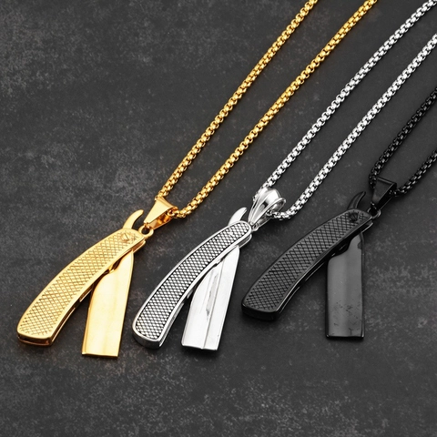 Collar de Colgante de Navaja de Afeitar Hip Hop de Acero de Titanio Punk Vintage Estilo Barbero Joyería Oro Plata Negro