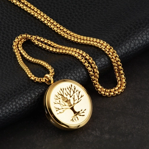 Hip Hop Life Tree Hollow Round Locket Pendant Necklace Unisex Stainless Steel Gold Silver Jewelry Tree Of Life Charm