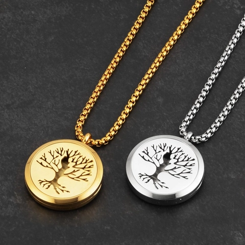 Hip Hop Life Tree Hollow Round Locket Pendant Necklace Unisex Stainless Steel Gold Silver Jewelry Tree Of Life Charm