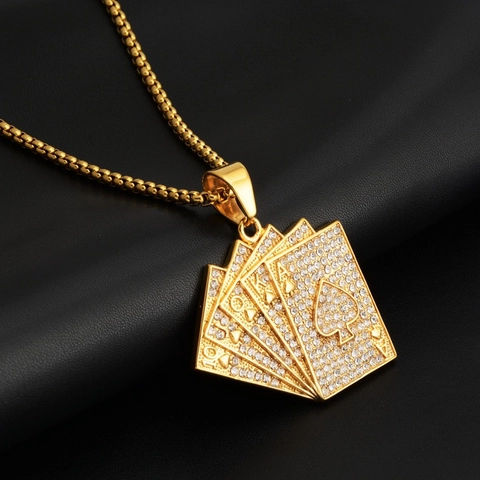 Hip Hop Stainless Steel Poker Flush Pendant Necklace Gold Plated Rhinestone Pave Royal Flush Jewelry For Men Women