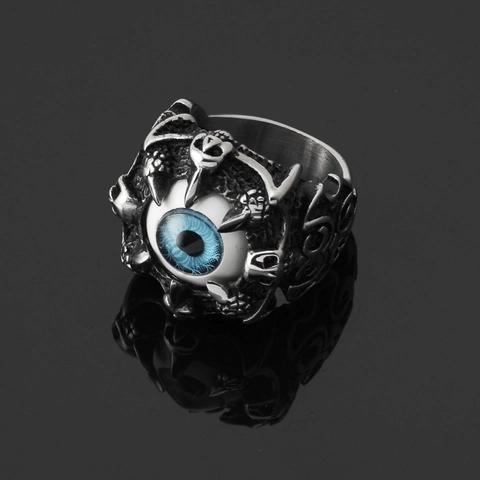 Gothic Punk Evil Eye Stainless Steel Ring Vintage Antique Silver Skull Claw Blue Resin Eye Ring For Unisex Party Jewelry