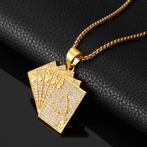 Hip Hop Stainless Steel Poker Flush Pendant Necklace Gold Plated Rhinestone Pave Royal Flush Jewelry For Men Women