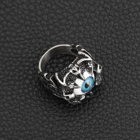 Gothic Punk Evil Eye Stainless Steel Ring Vintage Antique Silver Skull Claw Blue Resin Eye Ring For Unisex Party Jewelry