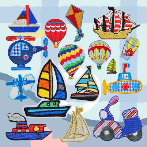 Cartoon Transportation Embroidery Patch Polyester Sailboat Hot Air Balloon Airplane Submarine Clothing DIY Decorative Patch