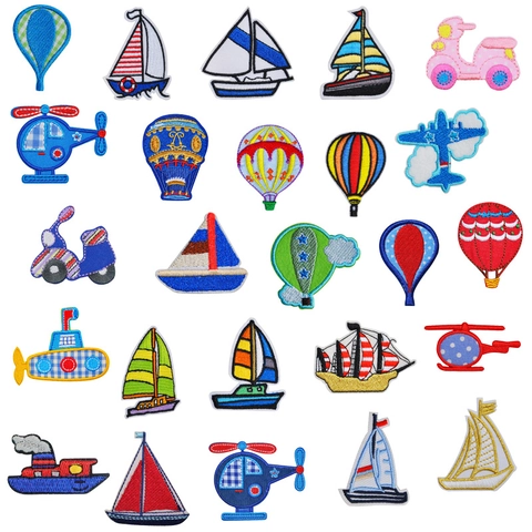 Cartoon Transportation Embroidery Patch Polyester Sailboat Hot Air Balloon Airplane Submarine Clothing DIY Decorative Patch