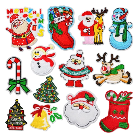 Christmas Embroidered Patches For Clothing DIY Polyester Santa Claus Snowman Reindeer Christmas Tree Sew On Applique Patch