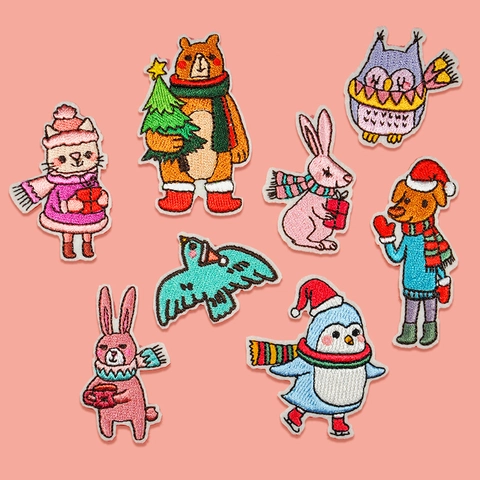 Christmas Cartoon Animal Embroidered Patches Polyester Computerized Embroidery Sewing Appliques For Clothes Bags DIY Decorations