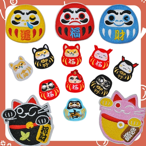 Japanese Style Embroidered Patches Lucky Daruma Maneki Neko Shiba Inu Mascot Embroidery Cloth Stickers For Apparel Bags DIY