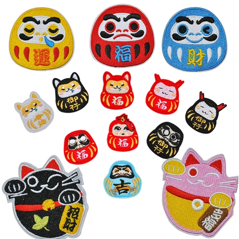 Japanese Style Embroidered Patches Lucky Daruma Maneki Neko Shiba Inu Mascot Embroidery Cloth Stickers For Apparel Bags DIY