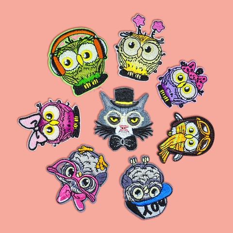 Simpatici Toppe Ricamate a Forma di Gufo e Gatto da Stirare Patch in Poliestere per Vestiti Borse Accessori Decorativi Fai-da-Te