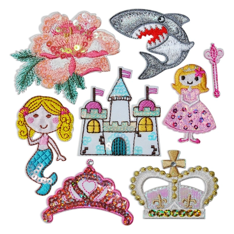 Cartoon Pailletten Borduurwerk Patch Kasteel Prinses Zeemeermin Dolfijn Haai Kroon Bloem DIY Strijkapplicaties Voor Kleding