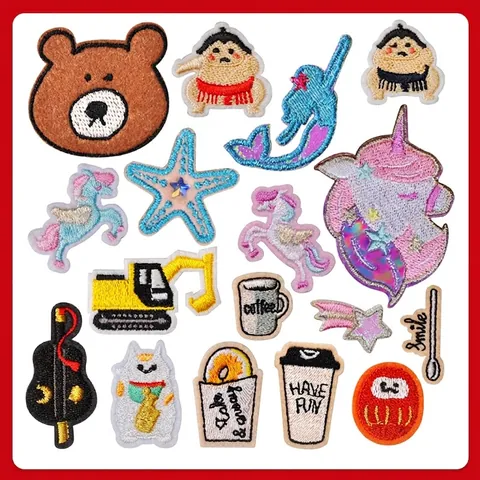 Cartoon Unicorn Embroidered Patch Set For Clothing Iron On Cloth Sticker DIY Sewing Applique Excavator Bear Coffee Patch Applique