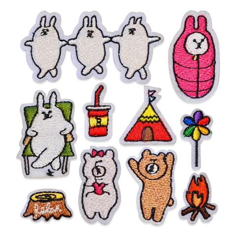 Cartoon Bear Rabbit Embroidery Patches Camping Theme Self Adhesive Iron On Sew On Embroidered Appliques For DIY Clothing Decoration