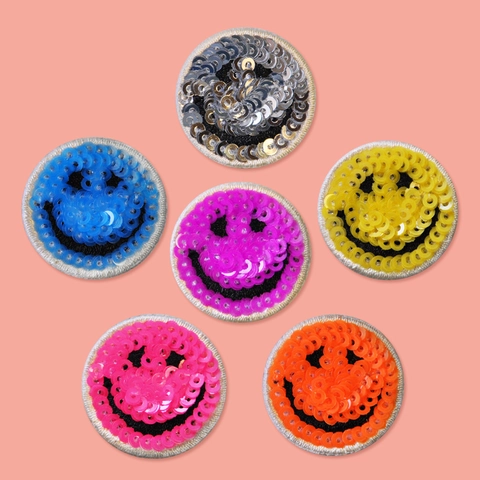 Pailletten Stof Borduurwerk Patch Rond Blij Gezicht Opstrijkbare Sticker Voor DIY Kleding Tassen Jassen Decoratieve Mode Applicatie