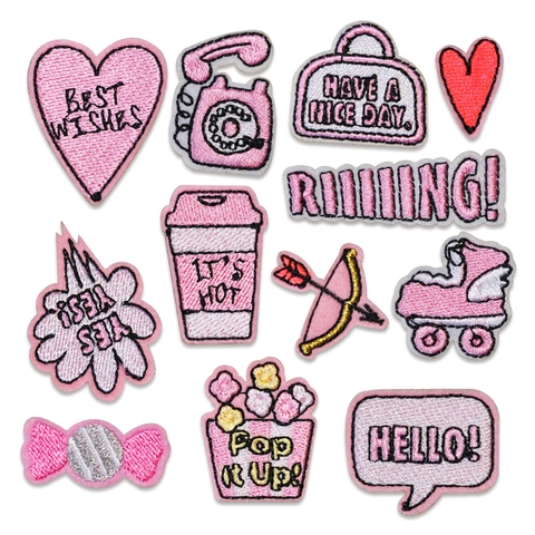 Pink Cartoon Embroidered Patches Polyester Self-Adhesive DIY Applique For Clothing Bags Girly Style Retro Phone Heart Shape Decor