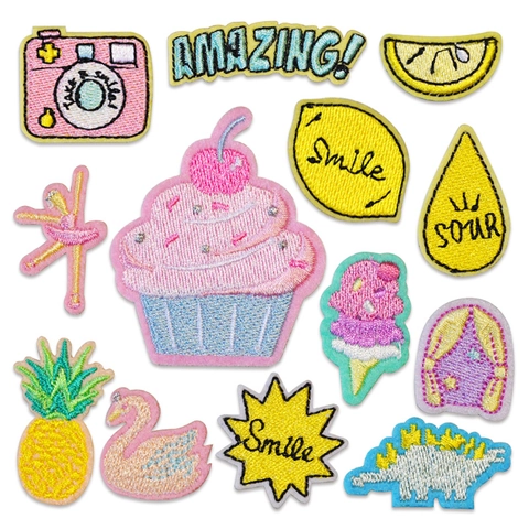 DIY Self-adhesive Embroidered Patch Cartoon Lemon Cake Dinosaur Pattern Cloth Sticker For Clothing Decoration Repair Patch