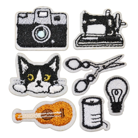 Vintage Self-Adhesive Embroidered Patches Sewing Machine Camera Cat Guitar DIY Clothing Decor Iron On Patch For Bags Hats