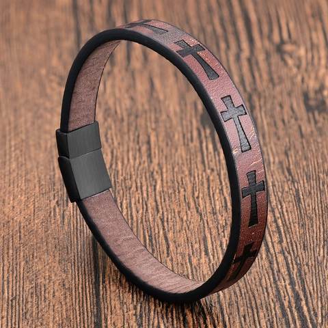 Men Retro Braided Leather Bracelet Stainless Steel Cross Multi Layer Punk Style Wristband Magnetic Clasp Jewelry Accessory