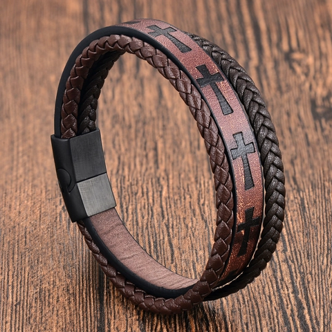 Men Retro Braided Leather Bracelet Stainless Steel Cross Multi Layer Punk Style Wristband Magnetic Clasp Jewelry Accessory