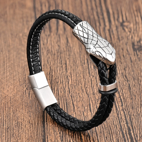 Bracelet de Luxe en Cuir Tressé Double Couche pour Hommes Avec Charm Tête de Serpent en Acier Inoxydable 316L