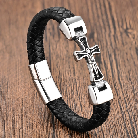 Men Braided Leather Cross Bracelet 316L Stainless Steel Religious Crucifix Design Magnetic Clasp Vintage Fashion Jewelry