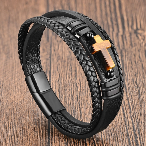Bracciale da Uomo in Vera Pelle Acciaio Inossidabile 316L con Croce Pietra Occhio di Tigre Intrecciato Chiusura Magnetica