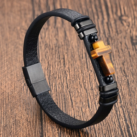 Vintage Men 316L Stainless Steel Genuine Leather Braided Bracelet Natural Tiger Eye Stone Cross Religious Multi-Layer Jewelry