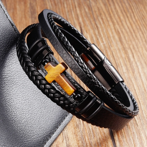 Bracciale da Uomo in Vera Pelle Acciaio Inossidabile 316L con Croce Pietra Occhio di Tigre Intrecciato Chiusura Magnetica
