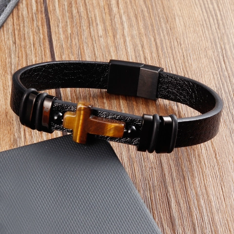 Vintage Men 316L Stainless Steel Genuine Leather Braided Bracelet Natural Tiger Eye Stone Cross Religious Multi-Layer Jewelry