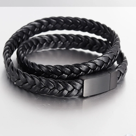 Bracciale da Uomo in Vera Pelle Intrecciata in Acciaio al Titanio Doppio Strato Chiusura Magnetica Casual Stile Industriale Minimalista Gioielli