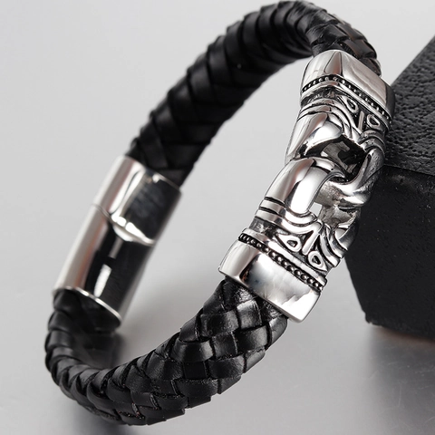Bracciale da Uomo in Pelle Nera Intrecciata in Acciaio Inossidabile Totem Tribale Chiusura in Metallo Gioielli Vintage Biker