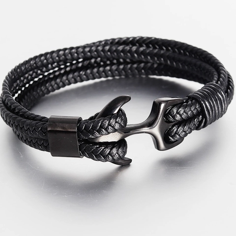 Men Nautical Anchor Bracelet Braided Genuine Leather Titanium Steel Hand Strap Vintage Fashion Biker Jewelry Gift For Him