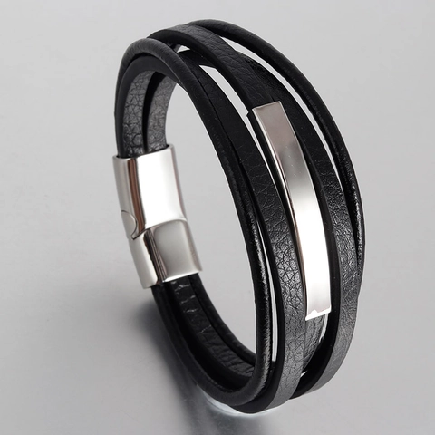 Men's Multi-Layer Braided Leather Bracelet With Stainless Steel Magnetic Clasp Titanium Steel Industrial Hand Jewelry