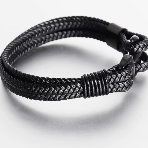 Men Nautical Anchor Bracelet Braided Genuine Leather Titanium Steel Hand Strap Vintage Fashion Biker Jewelry Gift For Him