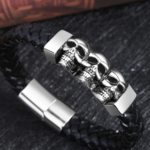 Bracciale da Uomo Vintage Punk con Teschio in Acciaio Inossidabile e Pelle Intrecciata Multistrato Gioielli Regalo
