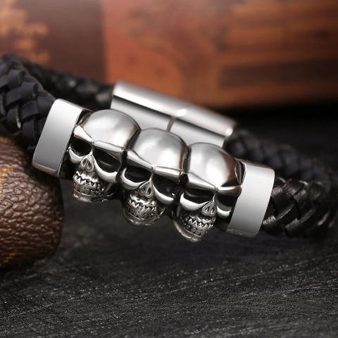 Bracciale da Uomo Vintage Punk con Teschio in Acciaio Inossidabile e Pelle Intrecciata Multistrato Gioielli Regalo