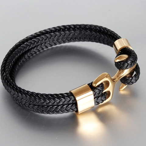 Bracciale da Uomo Nautico in Acciaio Inossidabile con Ancora in Vera Pelle Intrecciata Vintage Gioielli Regalo per Uomo