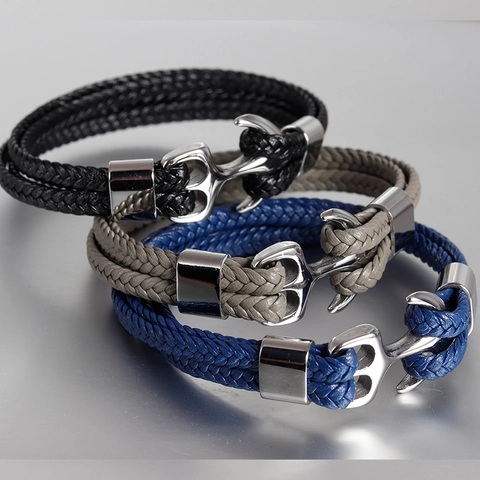 Men Vintage Stainless Steel Anchor Leather Bracelet Woven Multi Layer Genuine Cowhide Rope Wristband Nautical Fashion Jewelry