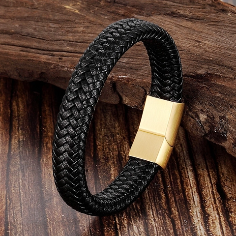 Men Unisex Braided Leather Bracelet Stainless Steel Magnetic Clasp Woven Wristband Punk Fashion Bangle Jewelry Accessories
