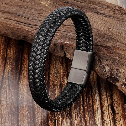 Men Unisex Braided Leather Bracelet Stainless Steel Magnetic Clasp Woven Wristband Punk Fashion Bangle Jewelry Accessories
