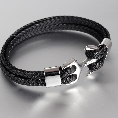 Men Vintage Stainless Steel Anchor Leather Bracelet Woven Multi Layer Genuine Cowhide Rope Wristband Nautical Fashion Jewelry