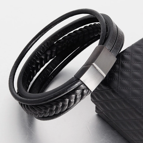 Vintage Multi-Layer Braided Leather Bracelet For Men Stainless Steel Magnetic Clasp Handcrafted Cuff Bangle Punk Style Jewelry
