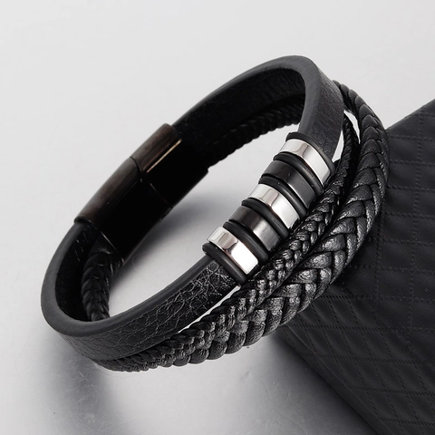Vintage Men Multi-layer Braided Leather Bracelet With Titanium Steel Magnetic Buckle Minimalist Fashion Jewelry Wristband Gift