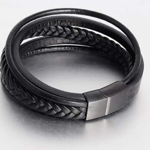Vintage Multi-Layer Braided Leather Bracelet For Men Stainless Steel Magnetic Clasp Handcrafted Cuff Bangle Punk Style Jewelry