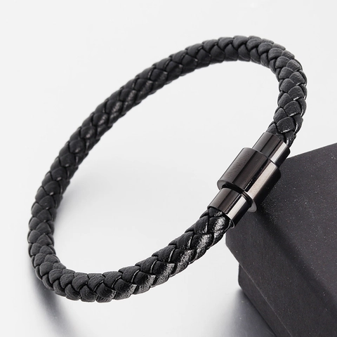 Men Braided Leather Bracelet Stainless Steel Magnetic Clasp Minimalist Handmade Jewelry Casual Multilayer Hand Wrap Gift